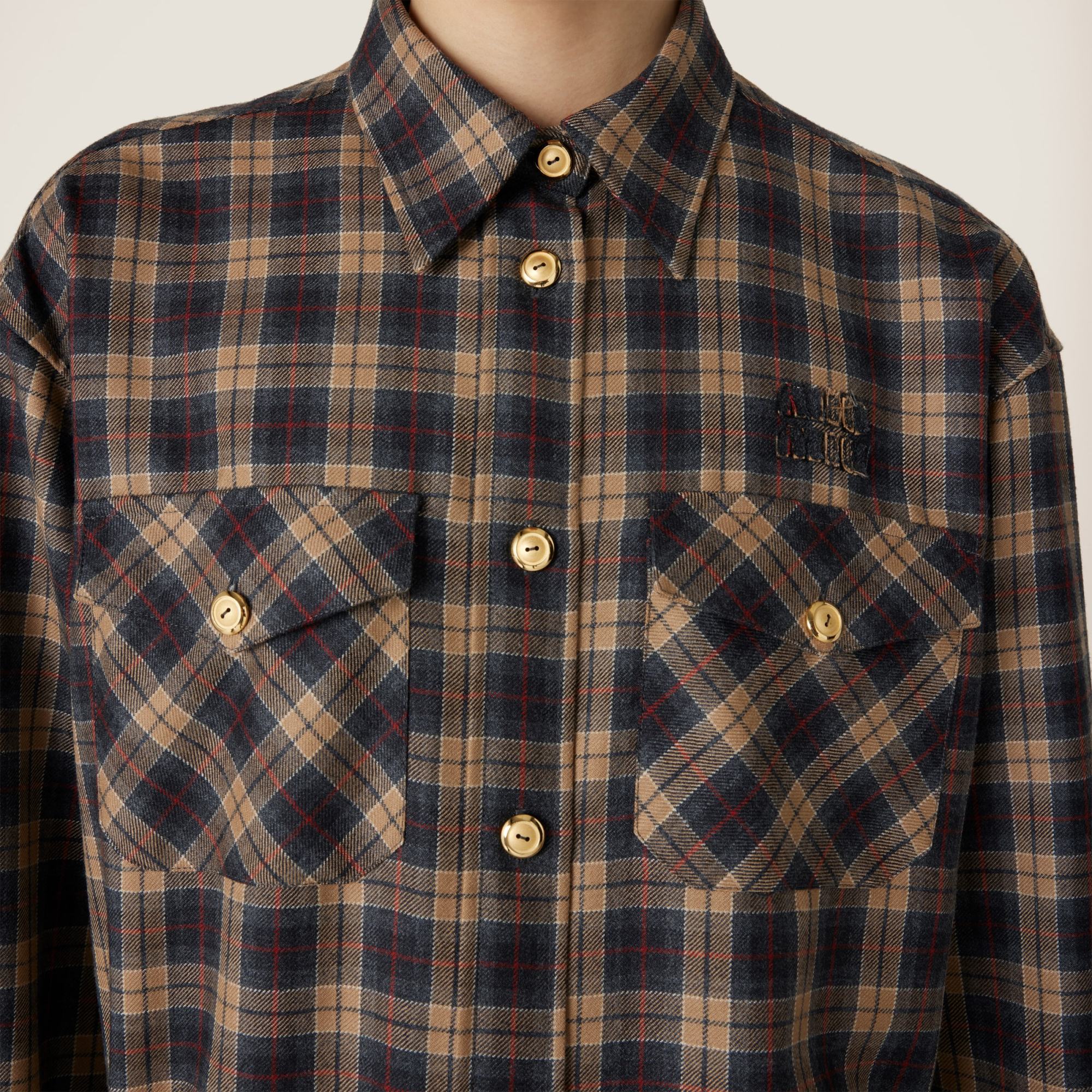 Miu Miu Checked Wool Long-sleeved Shirt In Brown