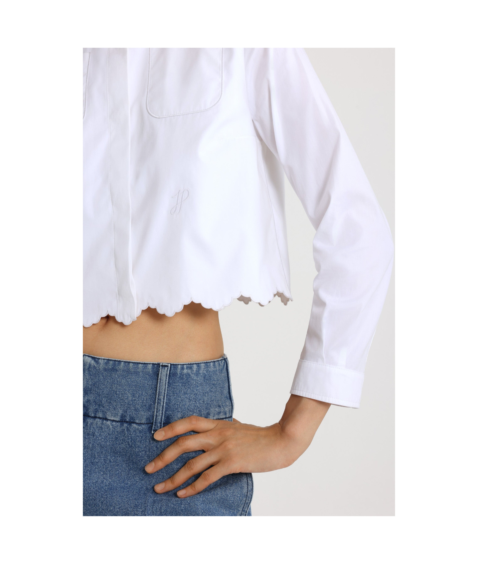 Shop Patou Cropped Scalloped Poplin Shirt In White