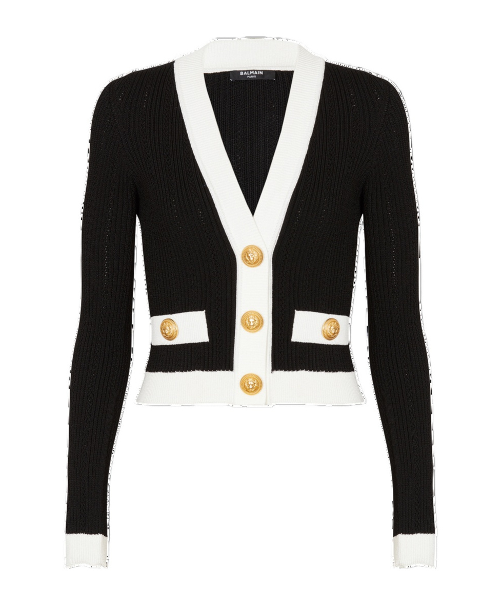 Balmain Contrast-border Ribbed Knit Cardigan In Black