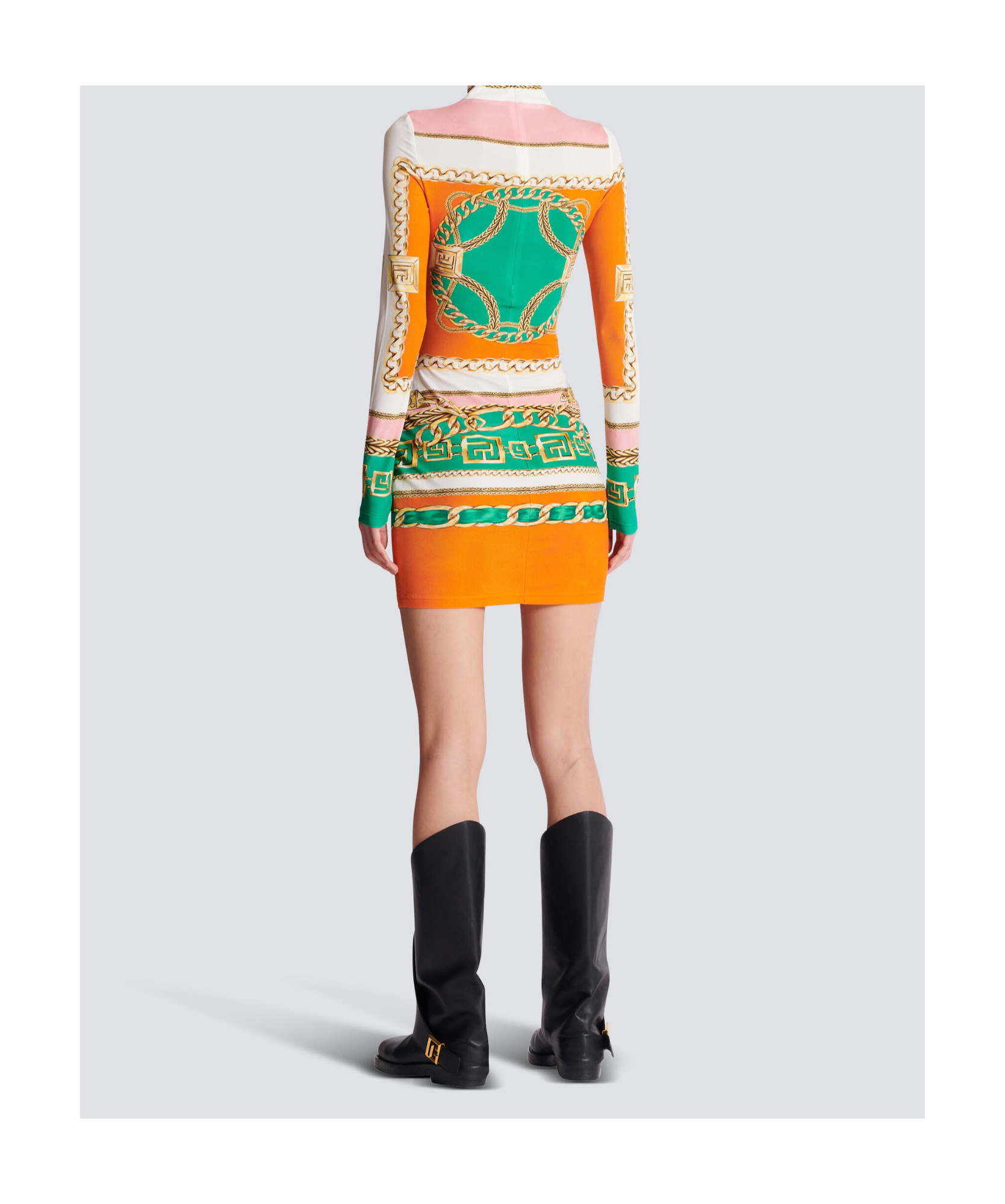 Balmain Foulard Print Long Sleeve Body-con Minidress In Orange