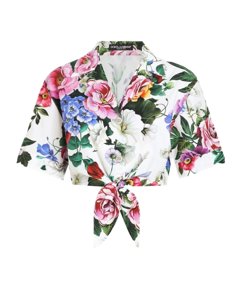 Dolce & Gabbana Multicolor Crop Shirt With All-over Floral Motif And Logo Lettering Detail On The Front In Cotton Wo In White