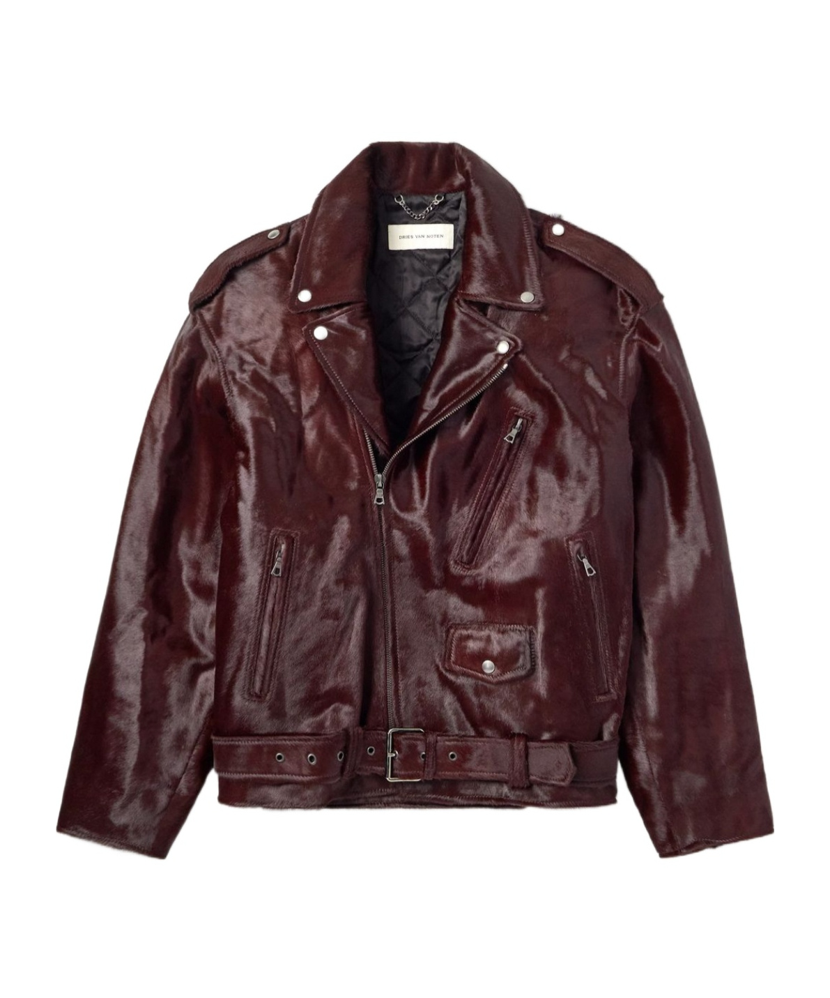 Dries Van Noten Genuine Calf Hair Biker Jacket In Brown