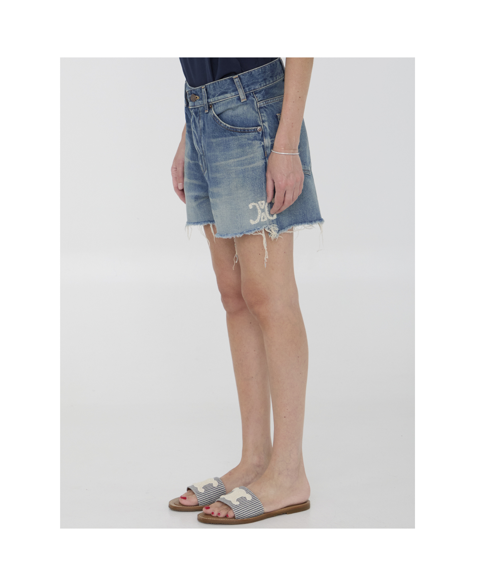 Celine Belt-loop Denim Shorts In Gray