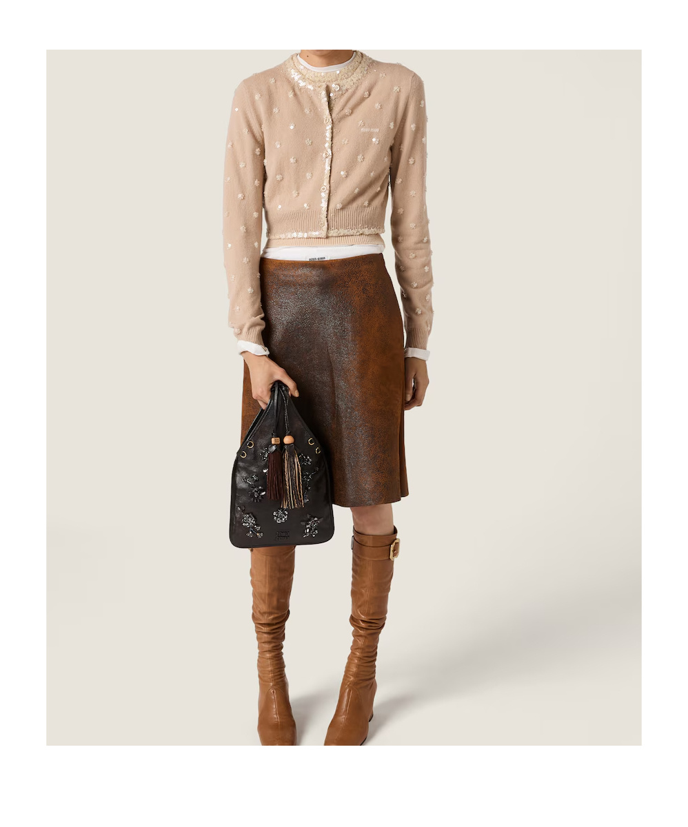 Miu Miu Embroidered Nappa Leather Handbag In Brown