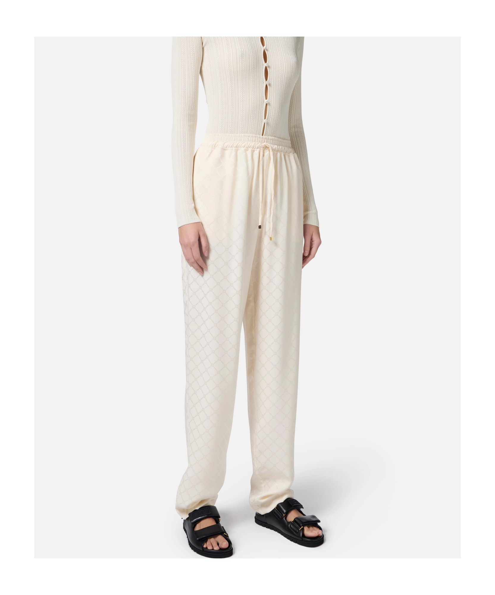 Elisabetta Franchi Jacquard Drawstring Straight Leg Trousers In White