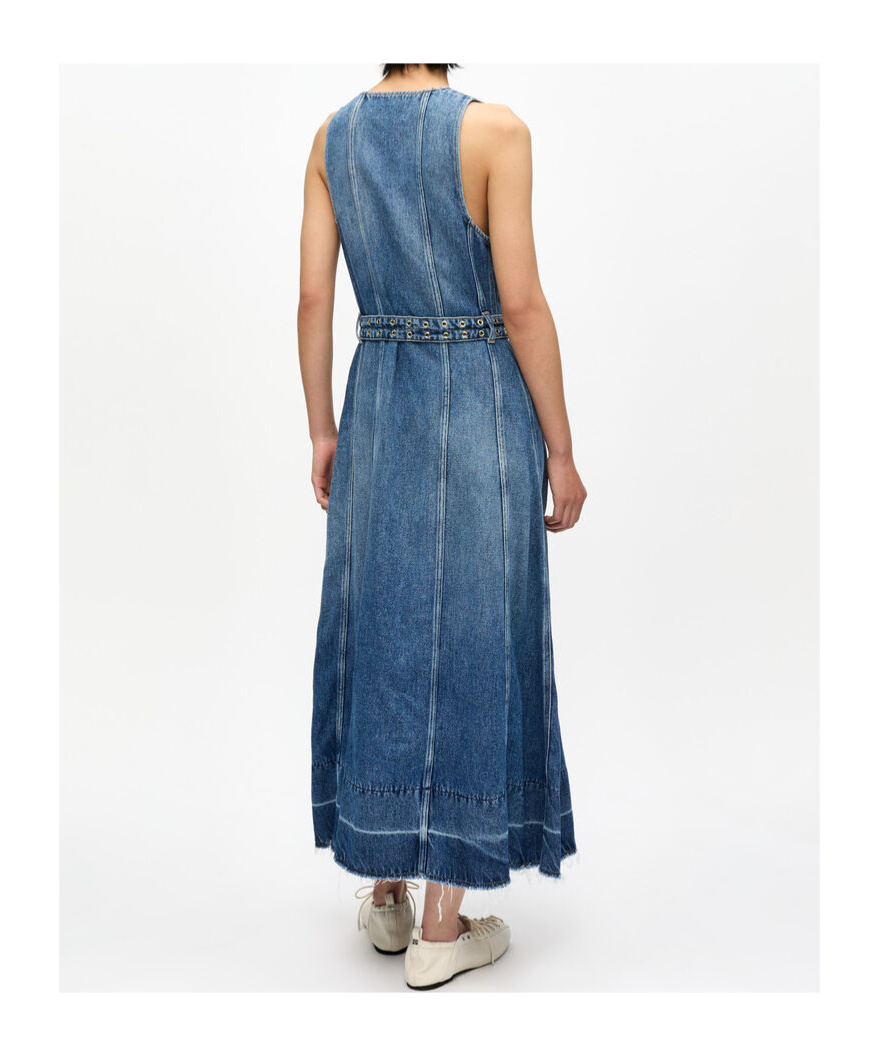 Ganni Blue Light Denim Belt Midi Dress In Chinese Blue Retro