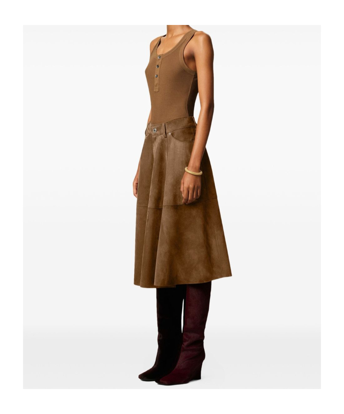 Ami Alexandre Mattiussi Pleated Suede Midi Skirt In Brown