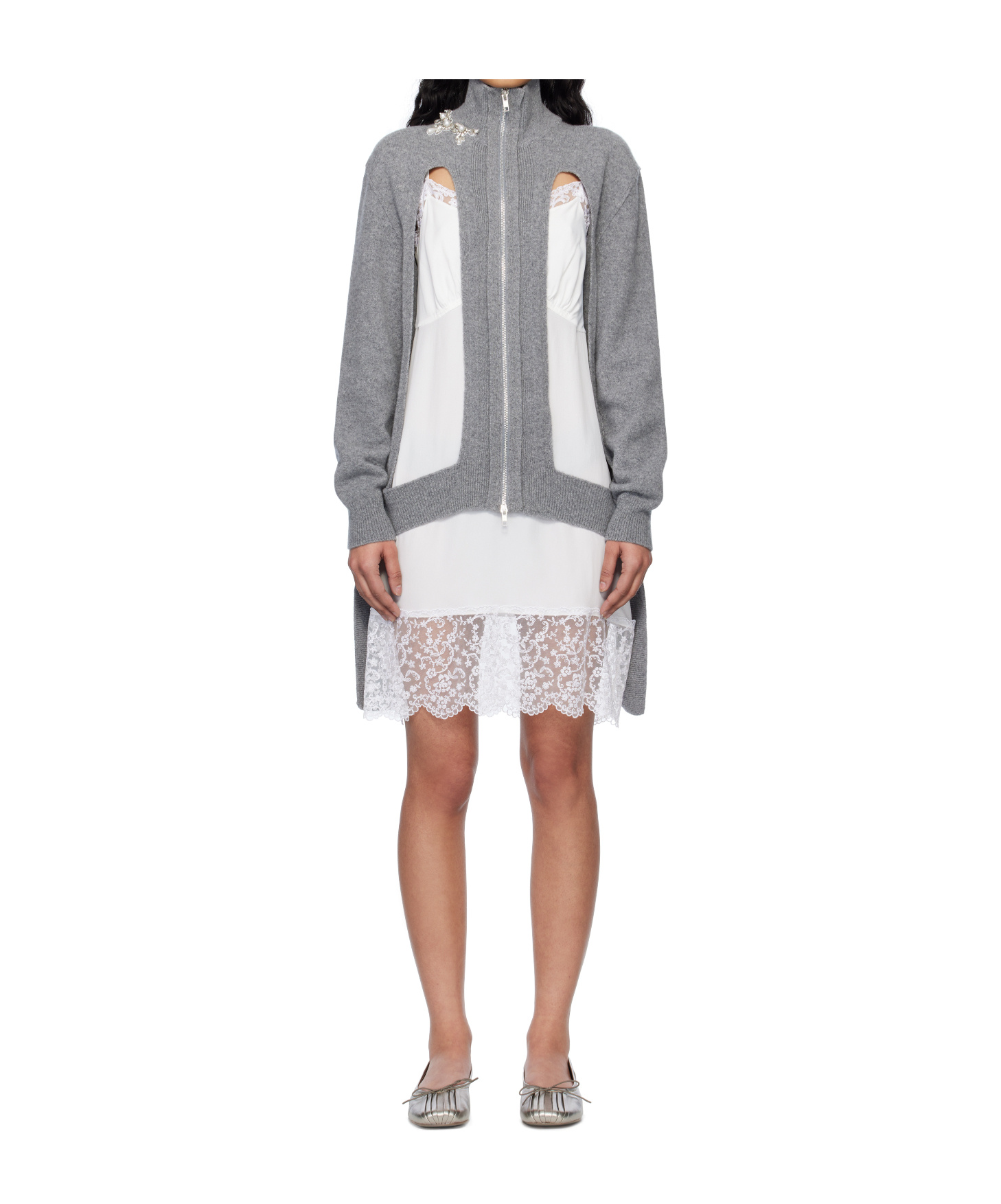 Simone Rocha Embellished Window Zip-up Cardigan In Gray