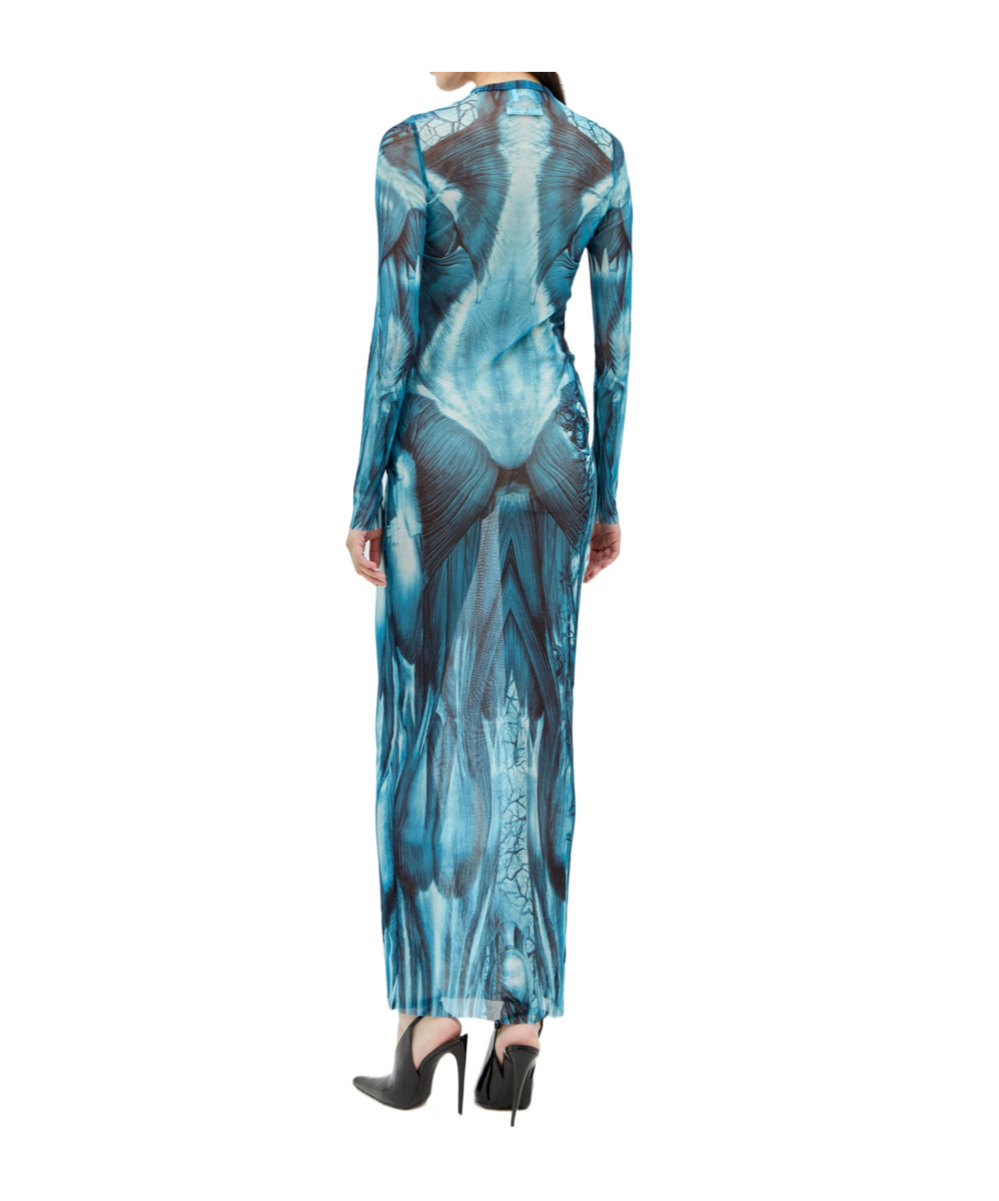 Jean Paul Gaultier Mesh Long Dress With Anatomical Print In Blue