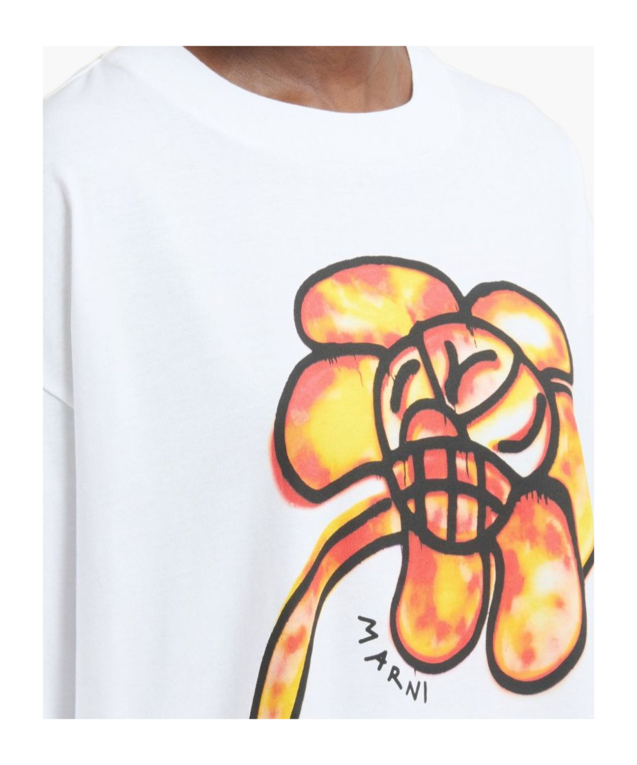 Marni White Cotton T-shirt With Flower Print In Multi