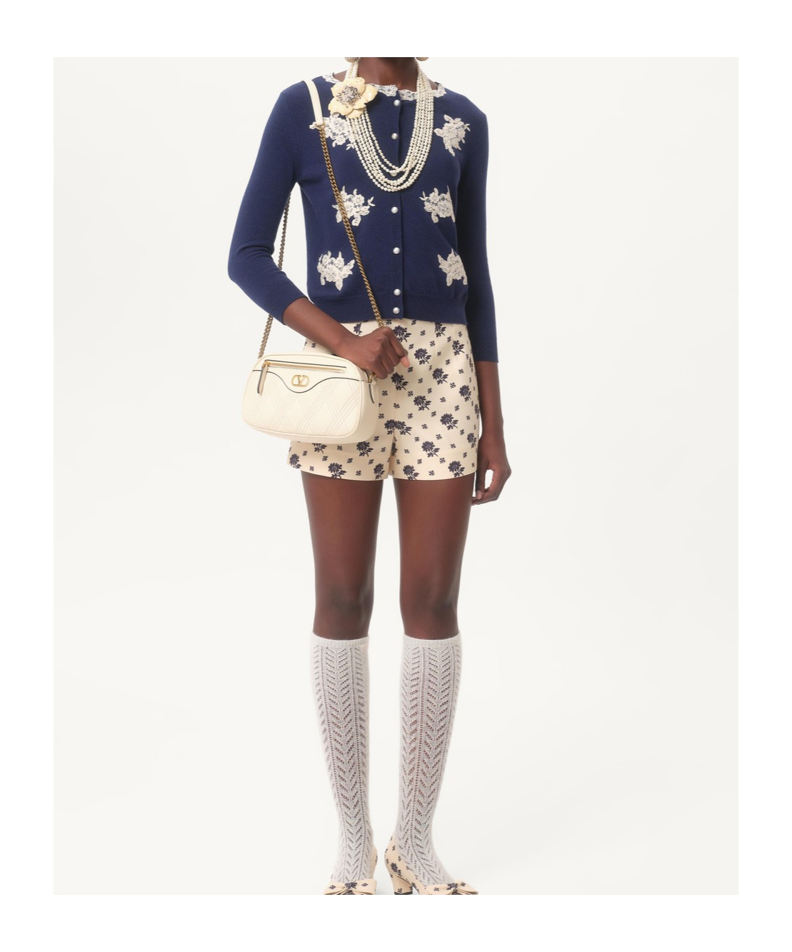 Shop Valentino Shorts In Crepe Couture Fiorellino Blu Papier Floral In Milk/blue