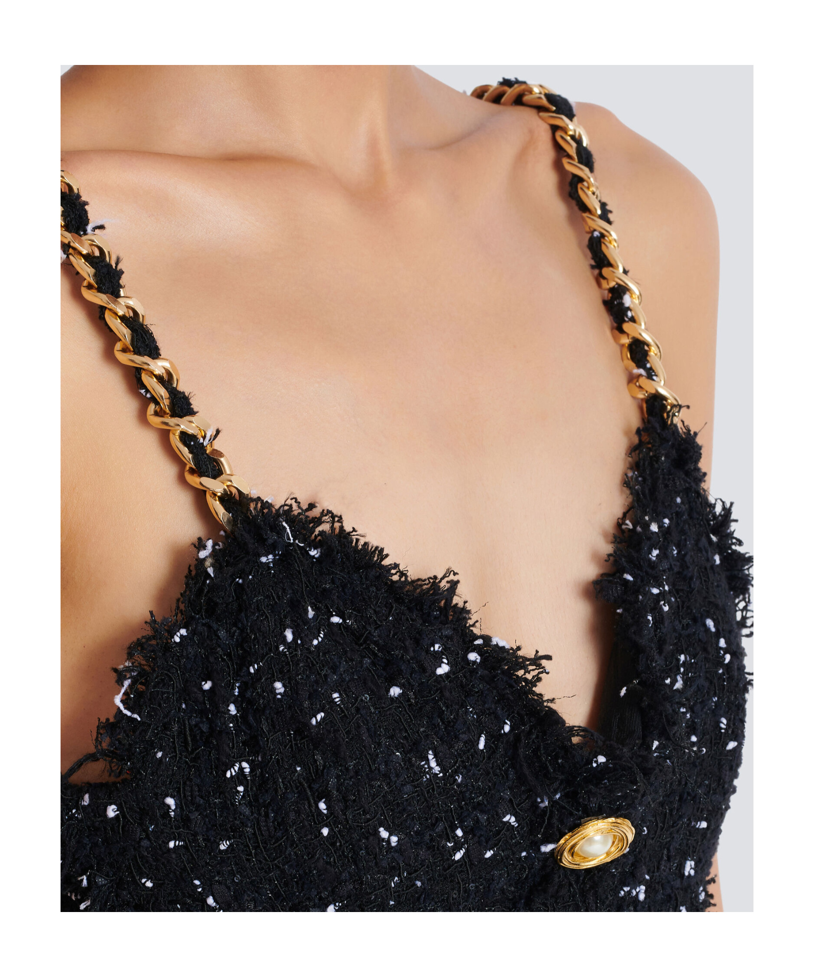 Balmain Short Polka Dot Dress With Chain Straps In Black