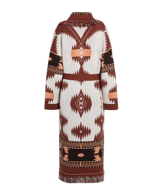 Alanui Icon Jacquard Fringe Belted Cashmere Cardigan In Brown