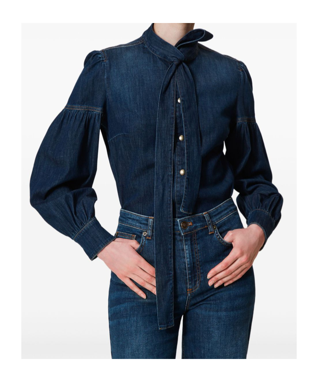 Shop Twinset Pussy-bow Denim Shirt In Black