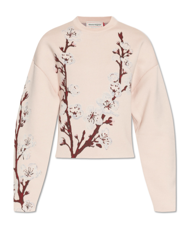 Alexander Mcqueen Floral Jacquard Wool And Silk Sweater In Nude