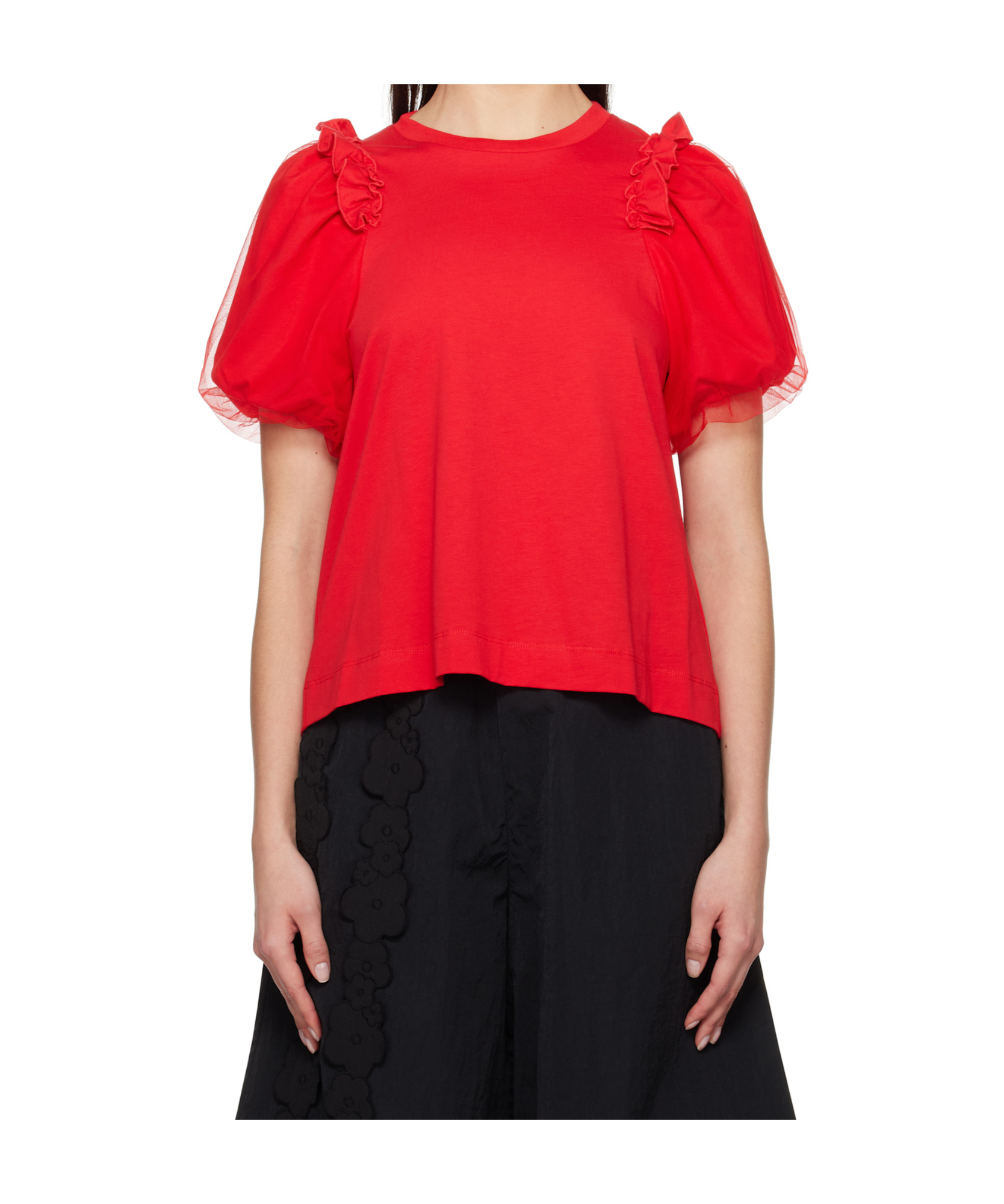 Simone Rocha Red Tulle Overlay Puff Sleeve Frill T-shirt In Red