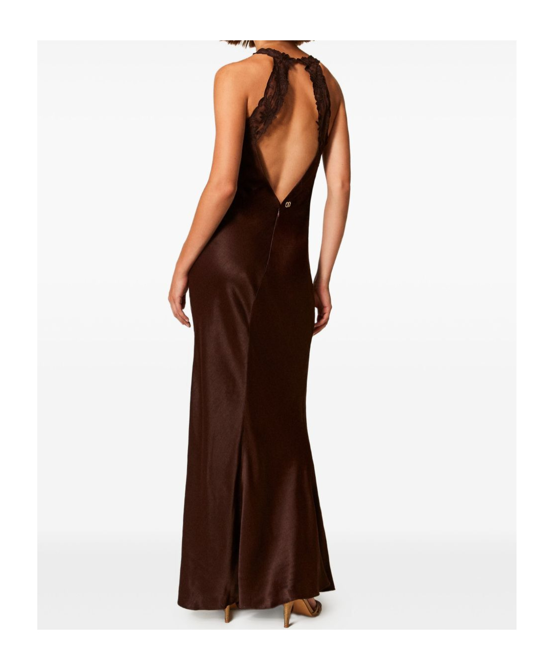 Twinset Brown Halterneck Long Dress With Lace Embellishment On The Rear In Viscose Woman In Brown