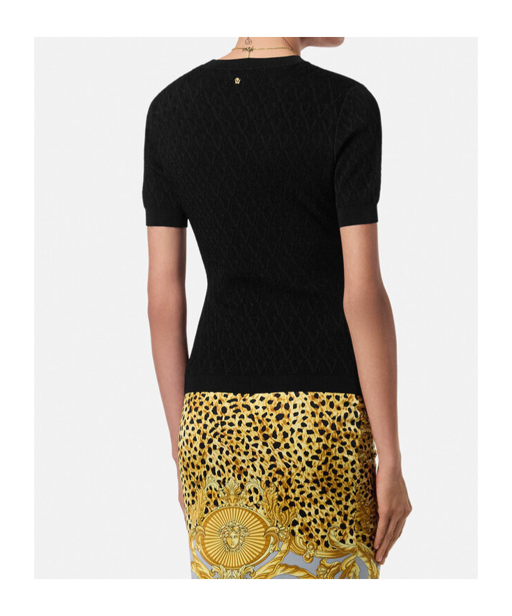 Versace V Allover Jacquard Fitted Knit T-shirt In Black