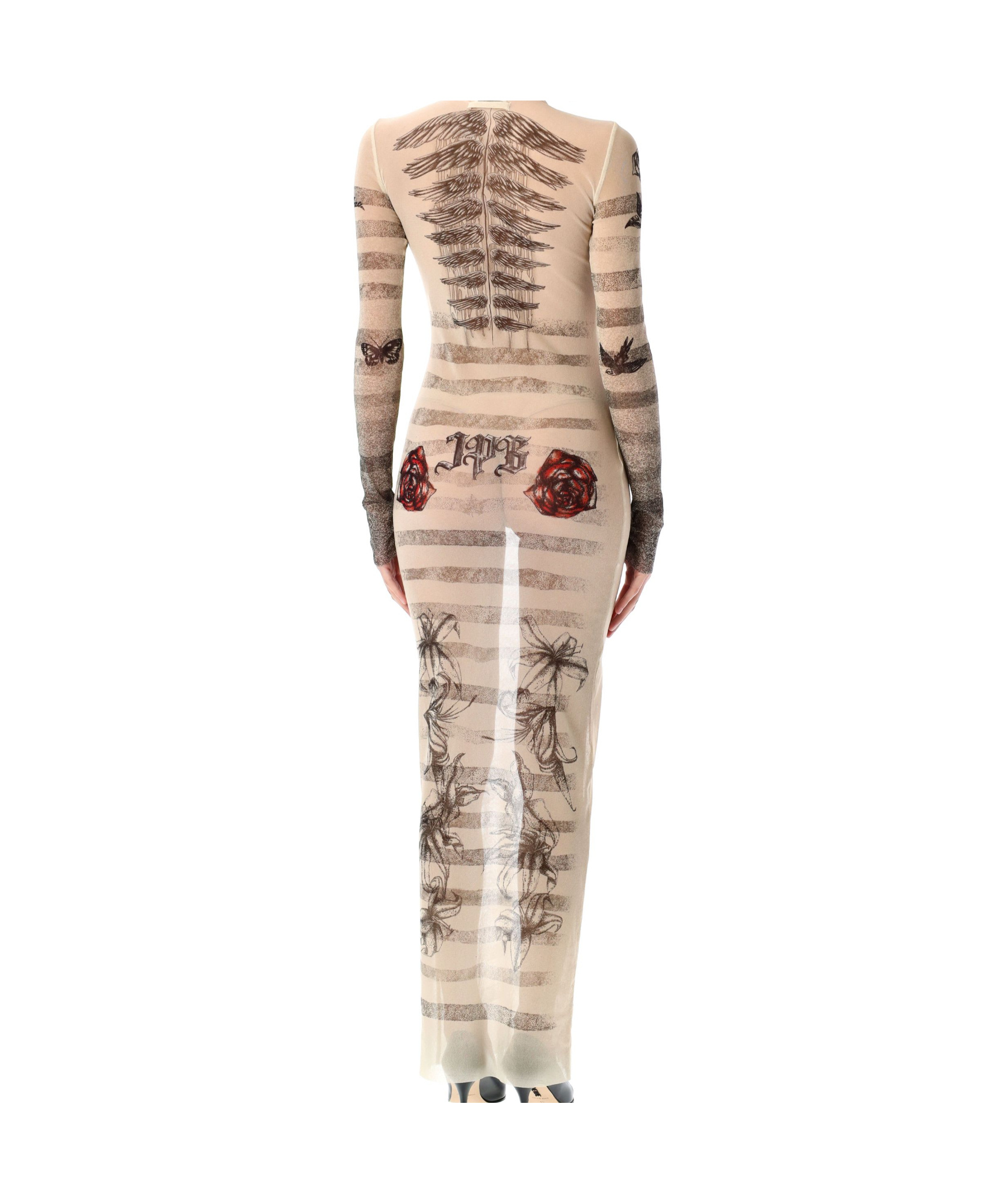 Jean Paul Gaultier Mesh Tattoo Striped Long Dress In Nude