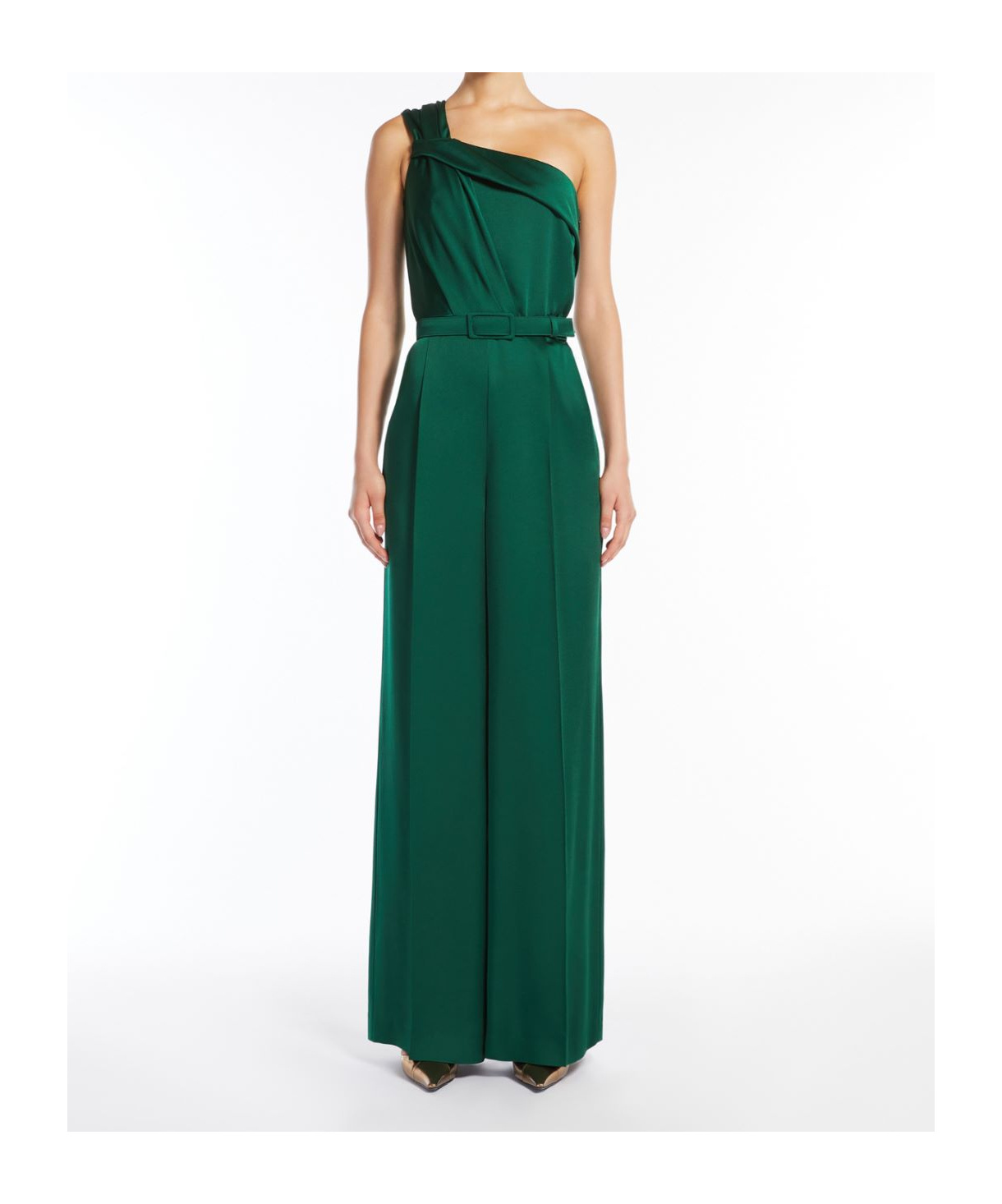 Max Mara Envers Satin One-shoulder Jumpsuit In Green