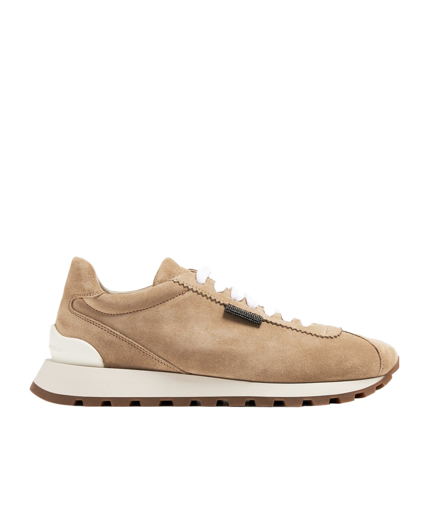 Brunello Cucinelli Beige Low Top Sneakers With Monil Detail On The Side And Embossed Logo Lettering On The Rear In Brown