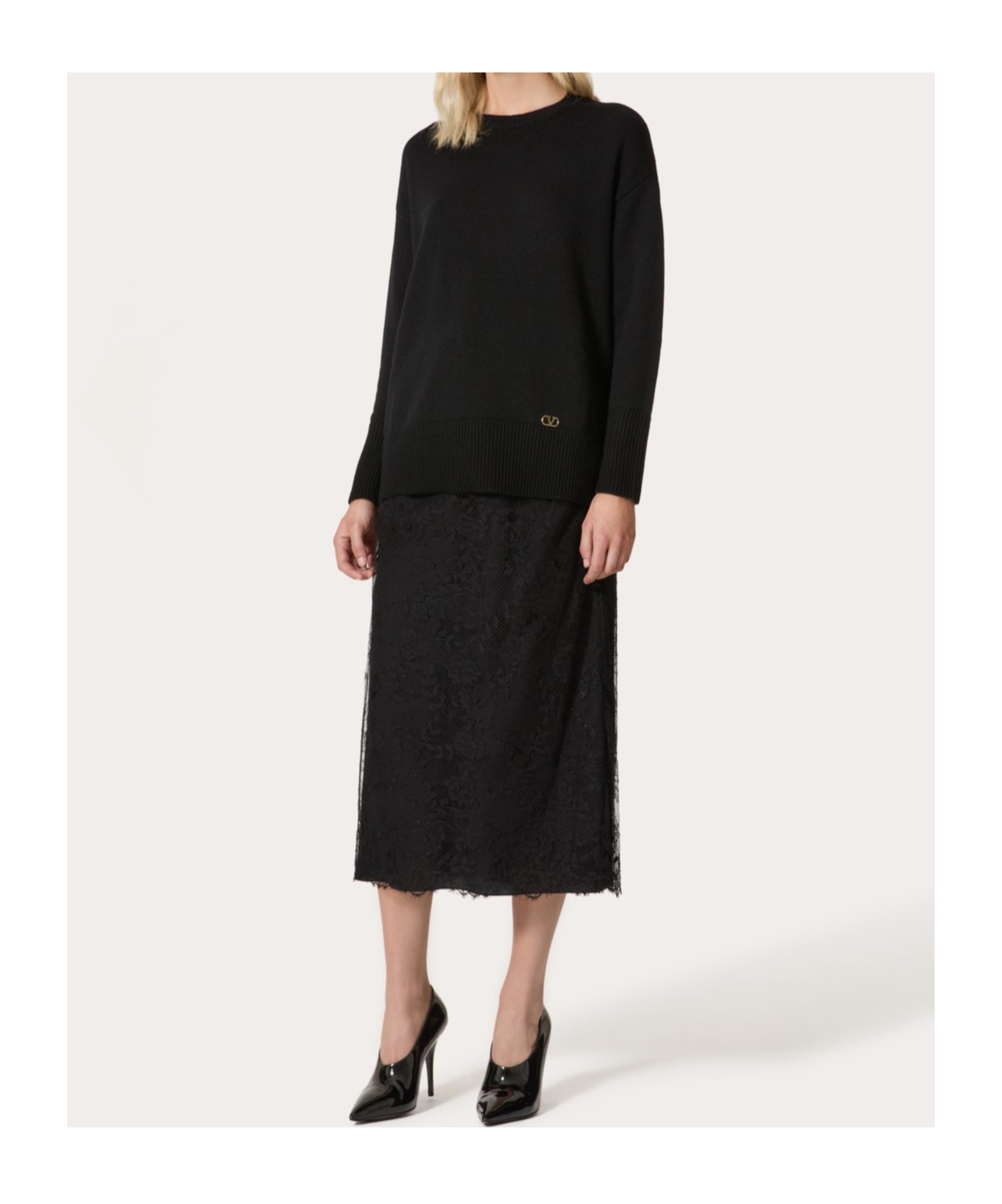 Valentino Lace-detail Midi Skirt In Black