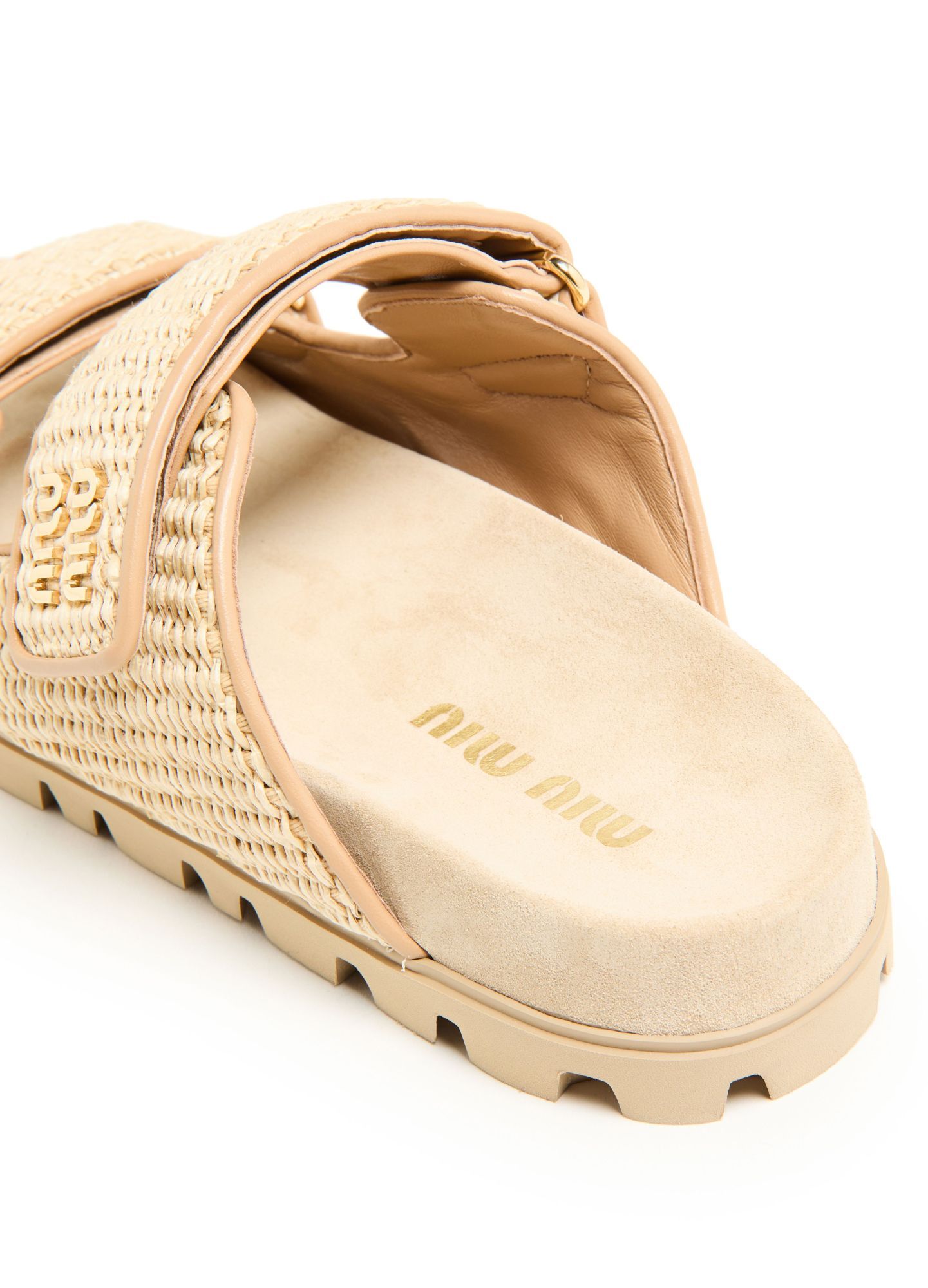 Miu Miu Miumiu Gold Logo Raffia Sandals In Nude
