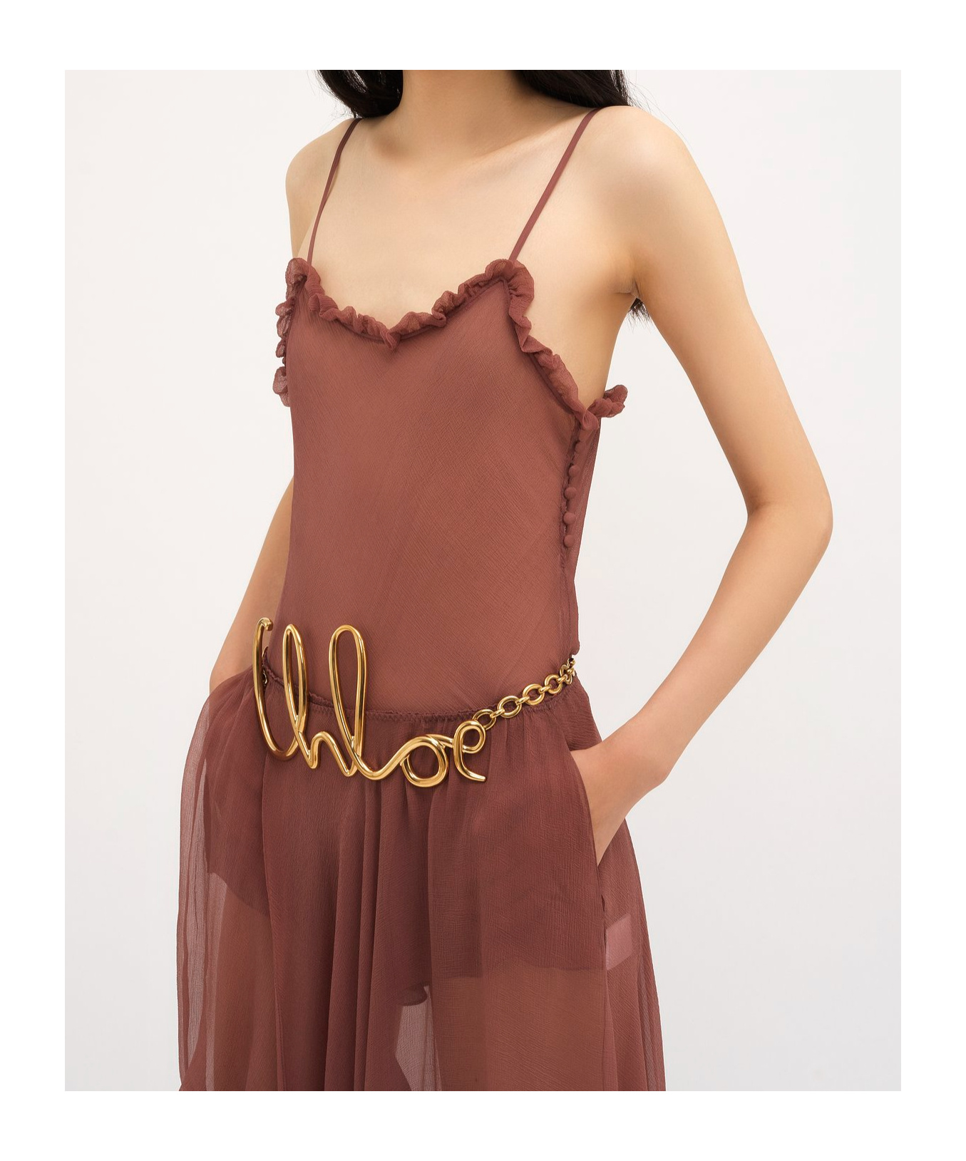 Chloé Lingerie Tulle Ruffle-trim Silk Camisole In Brown