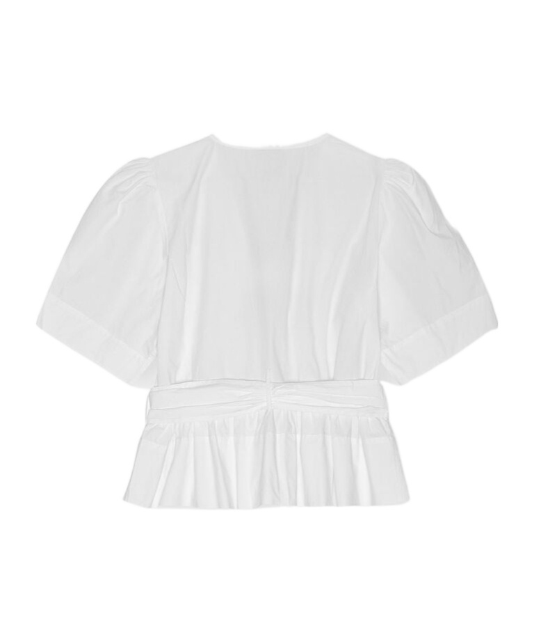 Ganni Belted Tie-detailed Gathered Cotton-blend Poplin Blouse In White