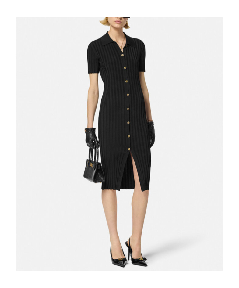 Versace Short-sleeve Flat-rib Knit Button-front Shirtdress In Black