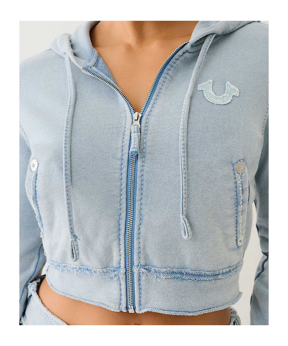 TRUE RELIGION RAW EDGE BIG T SHRUNKEN ZIP HOODIE 