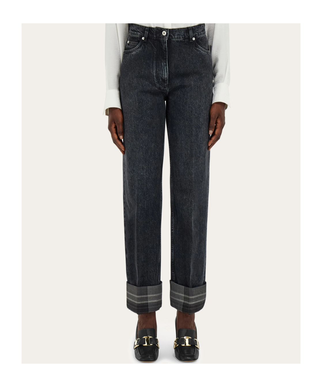 Ferragamo Contrast Cuff Straight Leg Jeans In Black