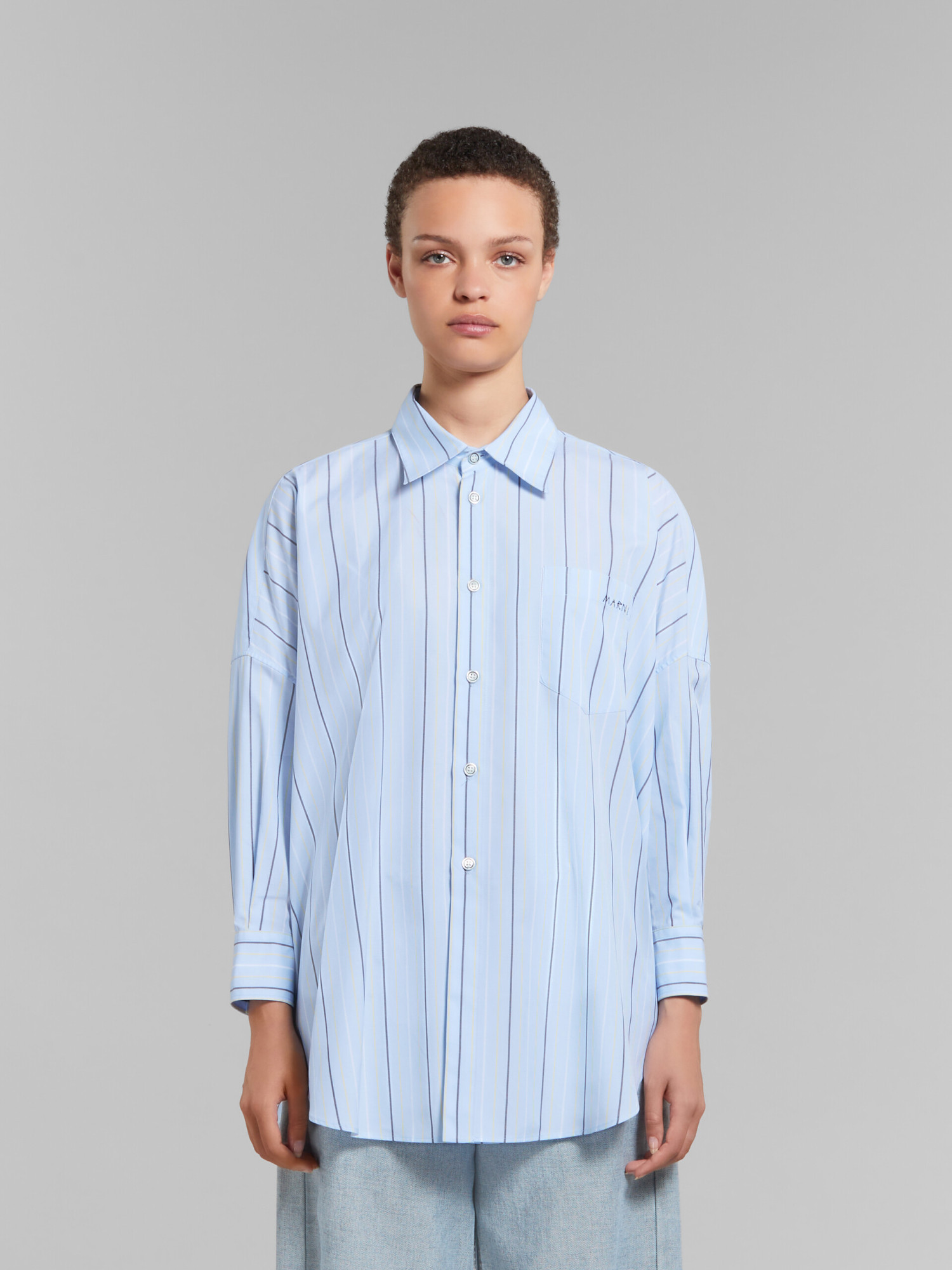 Marni Light Green Striped Bio Cotton Shirt With Low Back In Blue