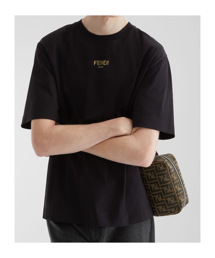 Fendi Gold Glitter Roma Lettering Cotton T-shirt In Black