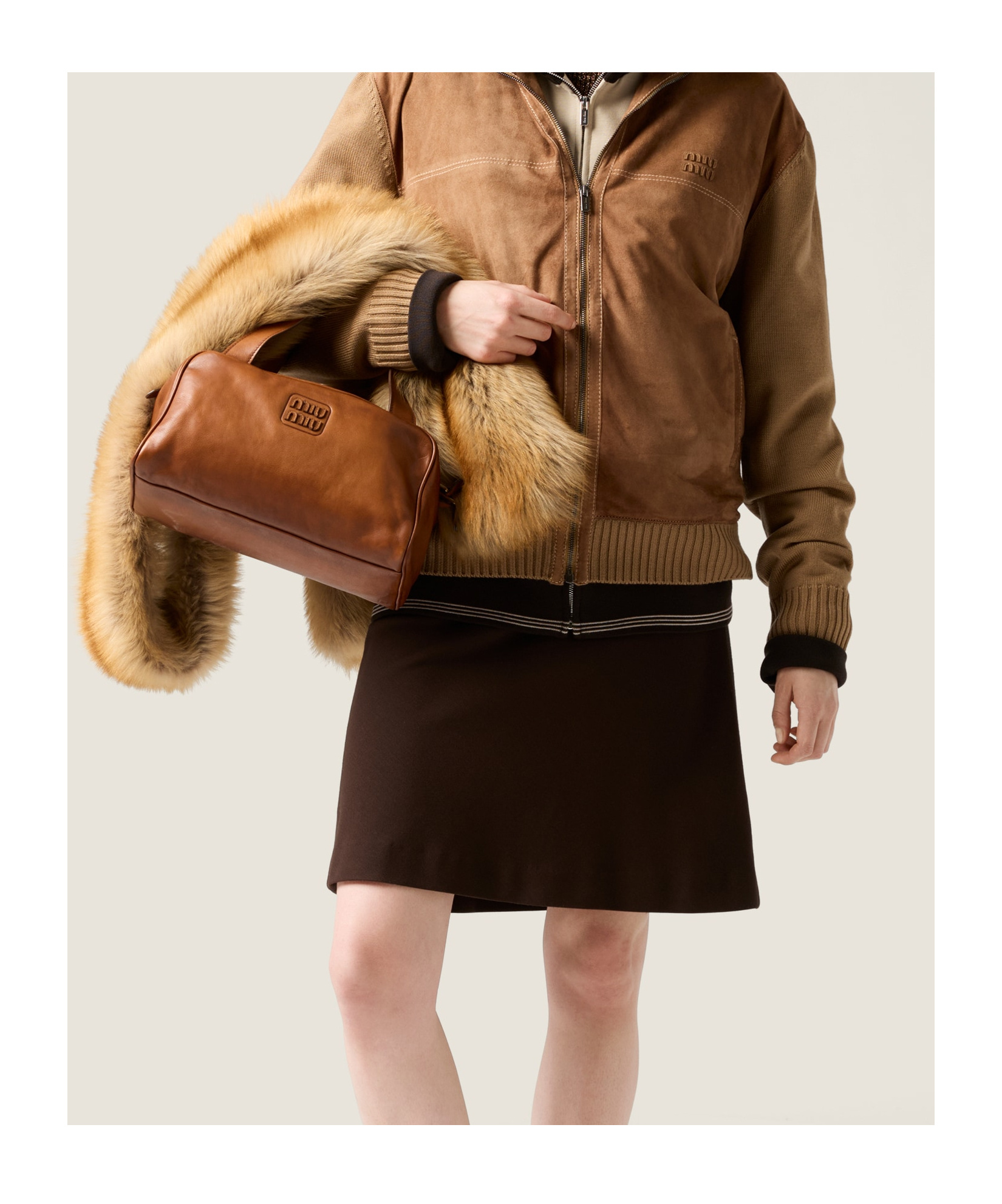 Miu Miu Logo-detail Ribbed Mini Skirt In Brown