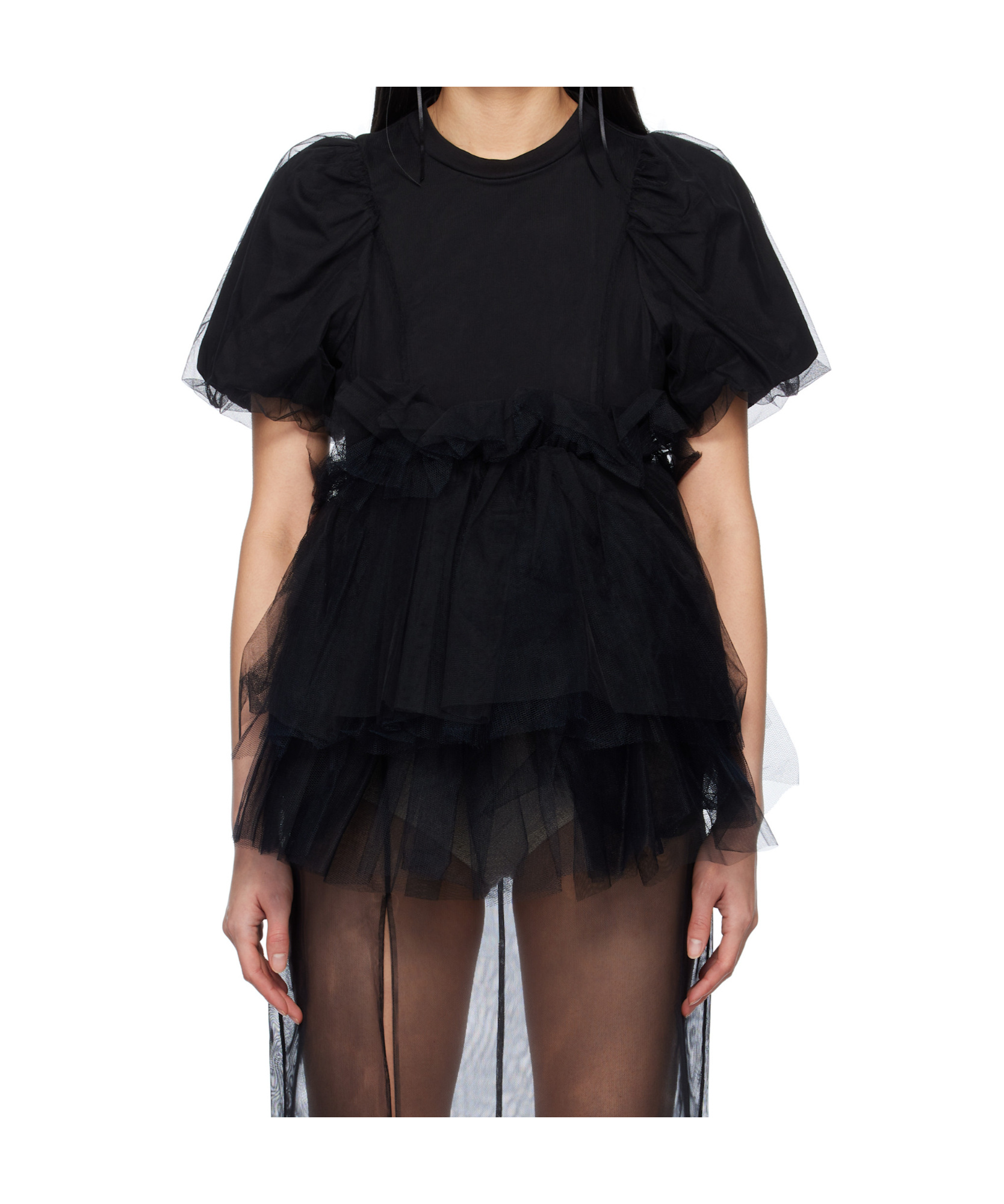 Simone Rocha Black Tulle Overlay Puff Sleeve Tutu Hem T-shirt In Black