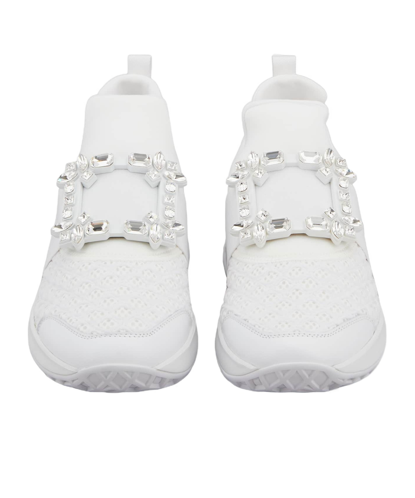 Roger Vivier Viv' Run White Trainers In Technical Fabric With Rhinestone Buckle In Bianco