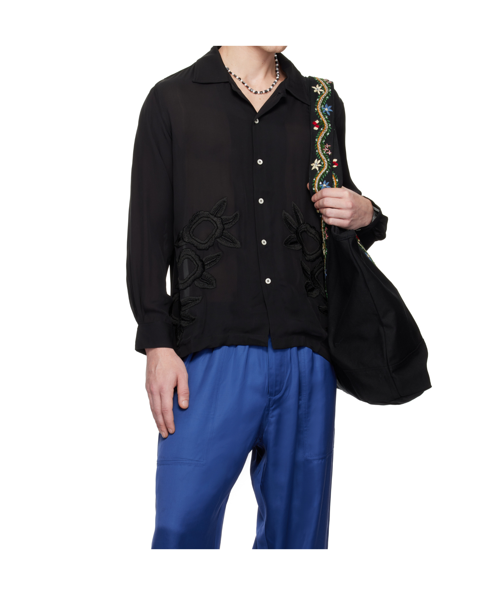 Bode Midnight Daffodil Long Sleeve Silk Button-up Shirt In Black