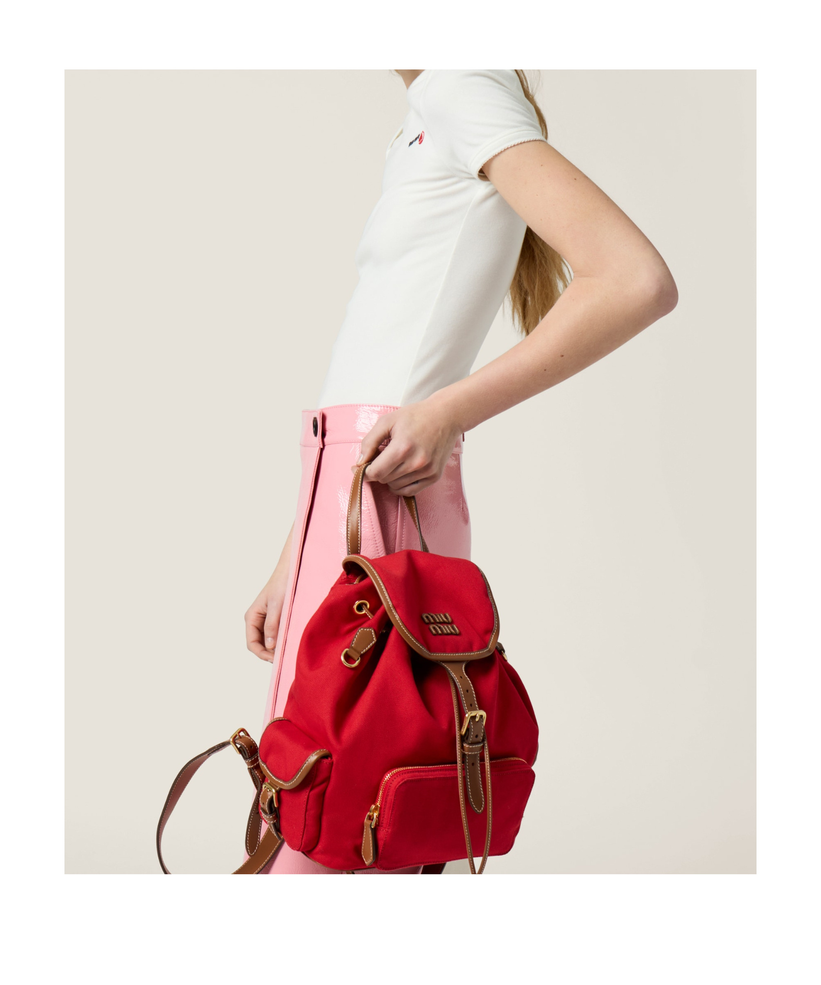 Miu Miu Canvas And Leather Backpack In Red