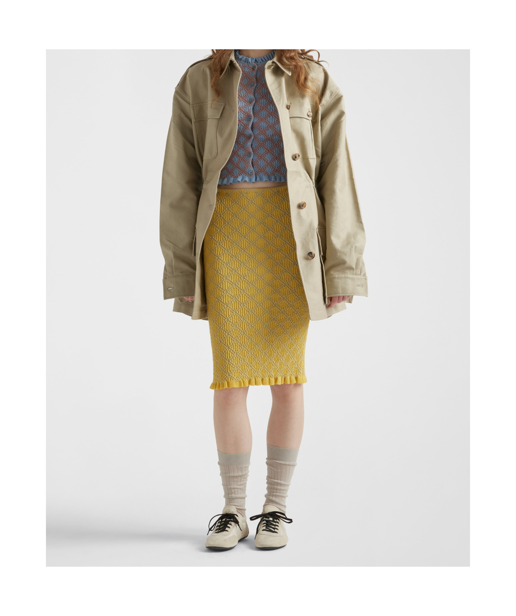 Prada Smocked Knit Diamond-embroidered Top In Blue