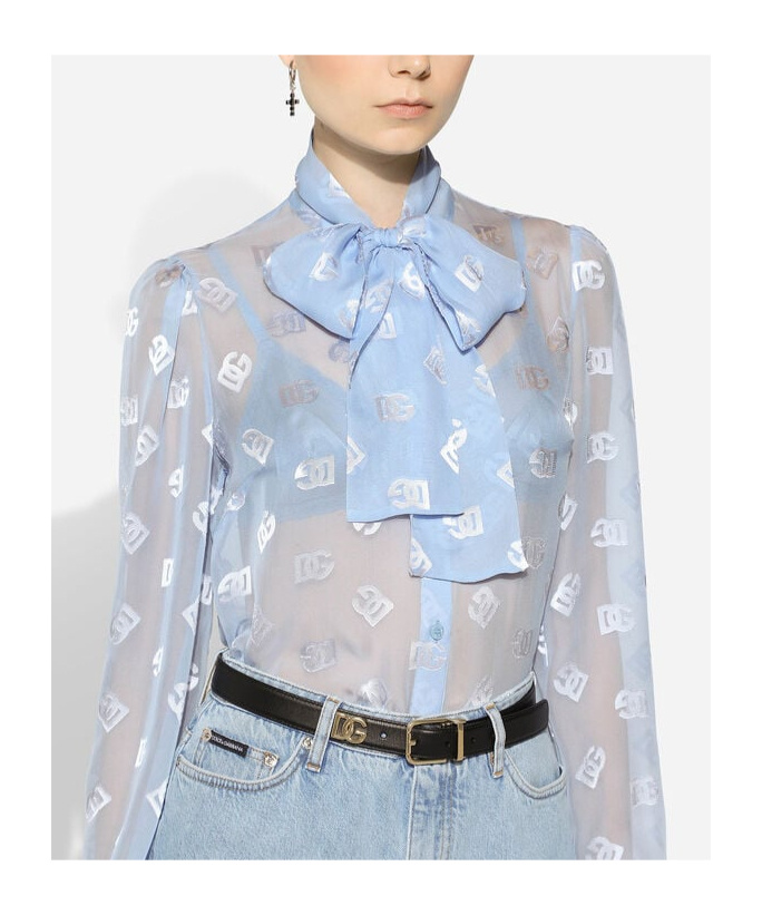 Dolce & Gabbana Pussy-bow Collar Semi-sheer Shirt In Blue