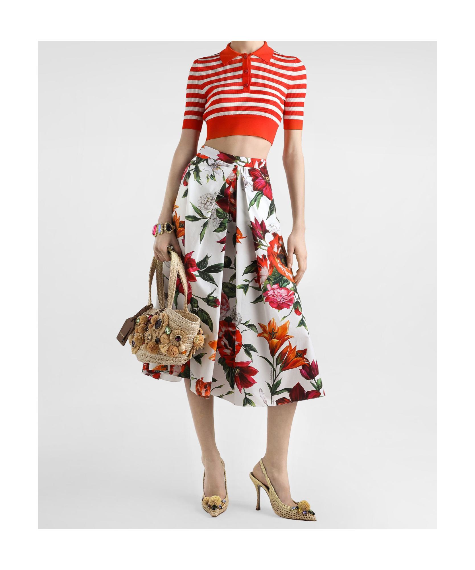 Dolce & Gabbana Multicolor Midi Skirt With All-over Floral Print And Rear Zip Closure In Cotton Woman