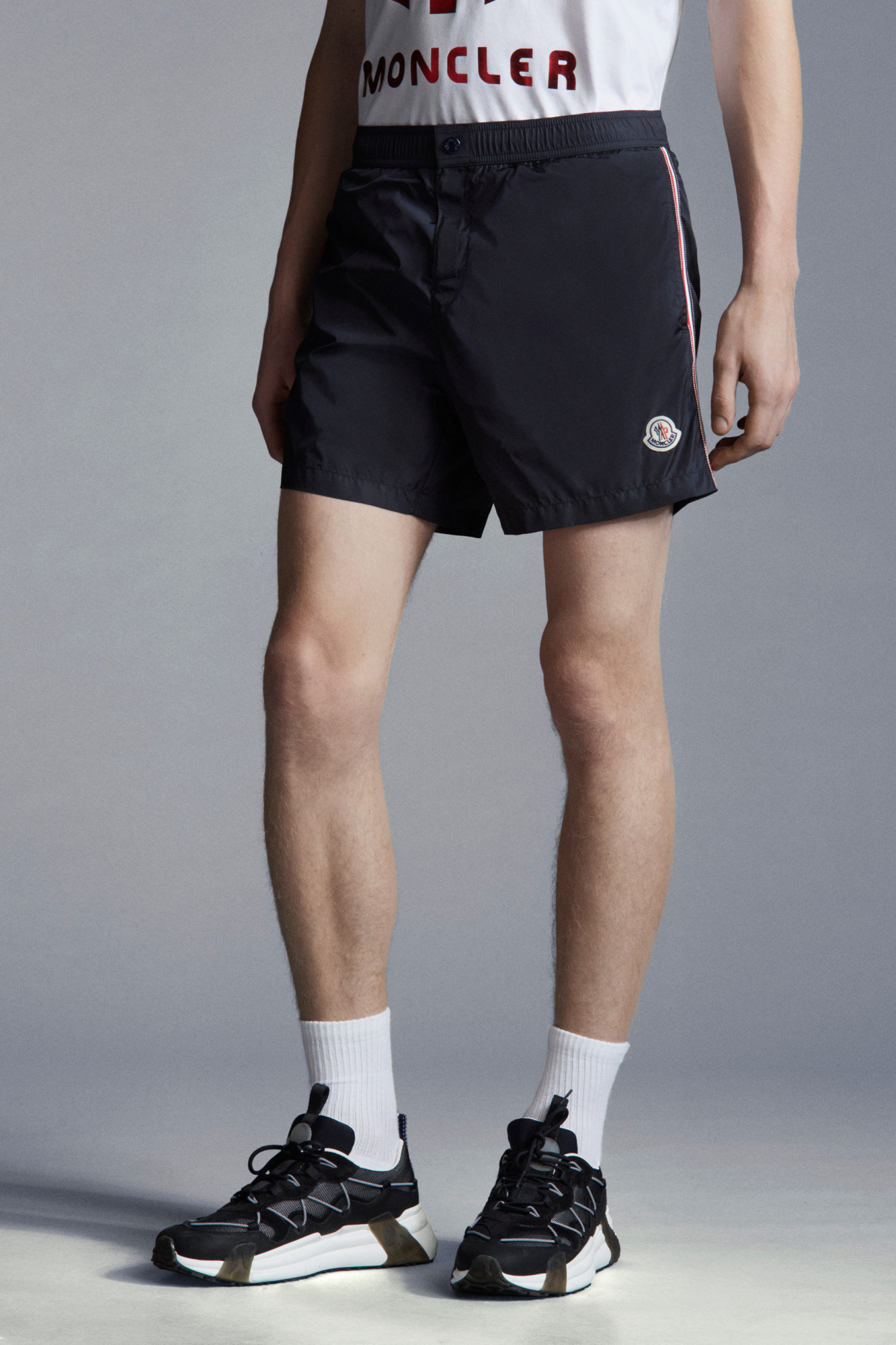 Moncler Logo Patch Swim Shorts With Elastic Waist In Black