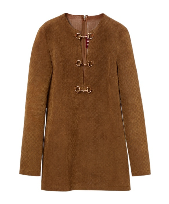 Gucci Brown Dress With Front Horsebit Details And All-over Gg Motif In Suede Woman In Brown
