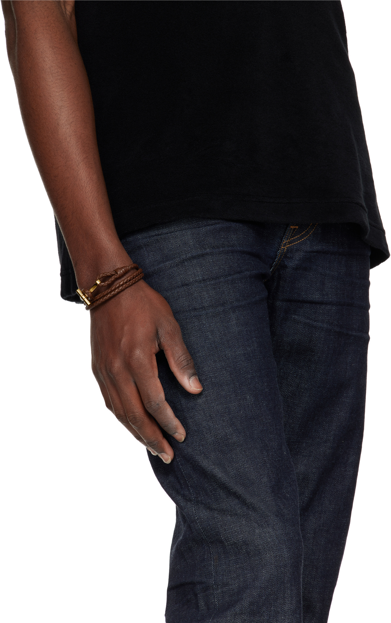 Tom Ford Brown Braided T Leather Bracelet In Black