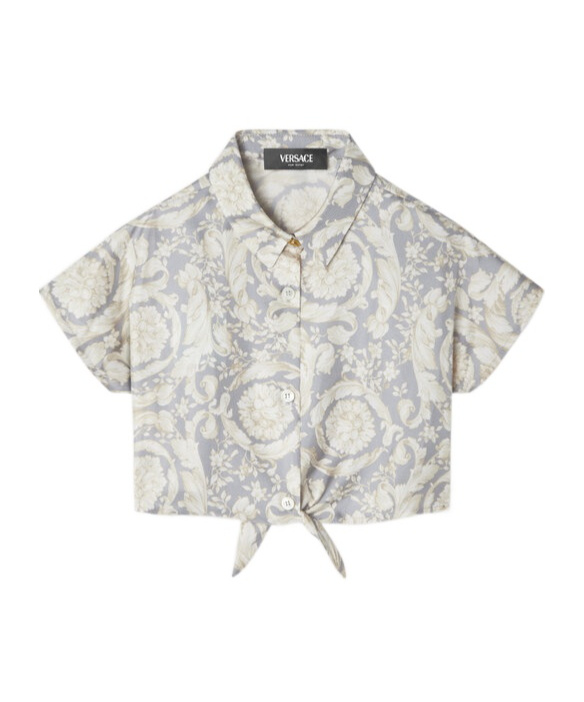 Versace Barocco-print Silk Crop Shirt In White