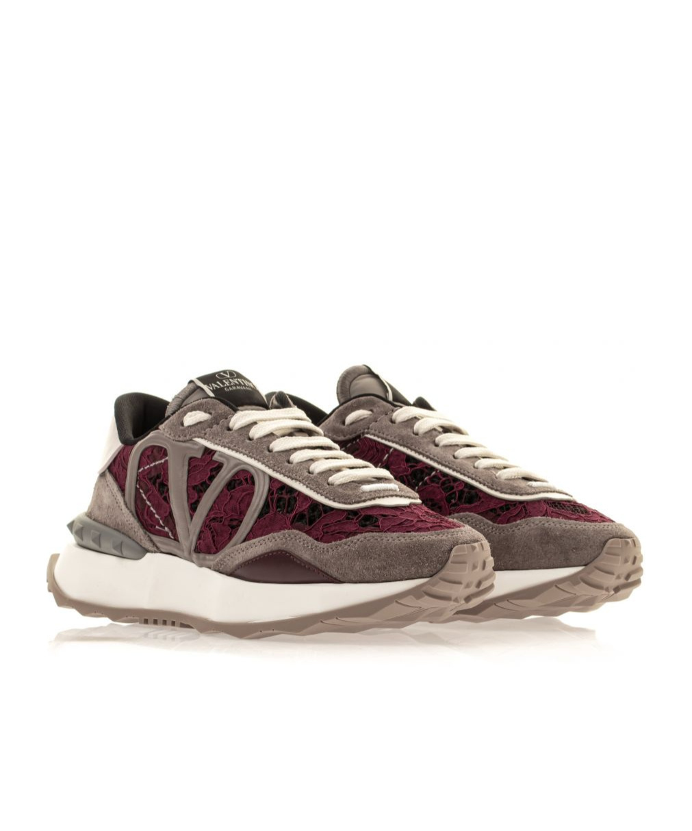 Valentino Garavani Womens Wine Comb Lace Runner Branded Mesh And Low-top Trainers In Gray
