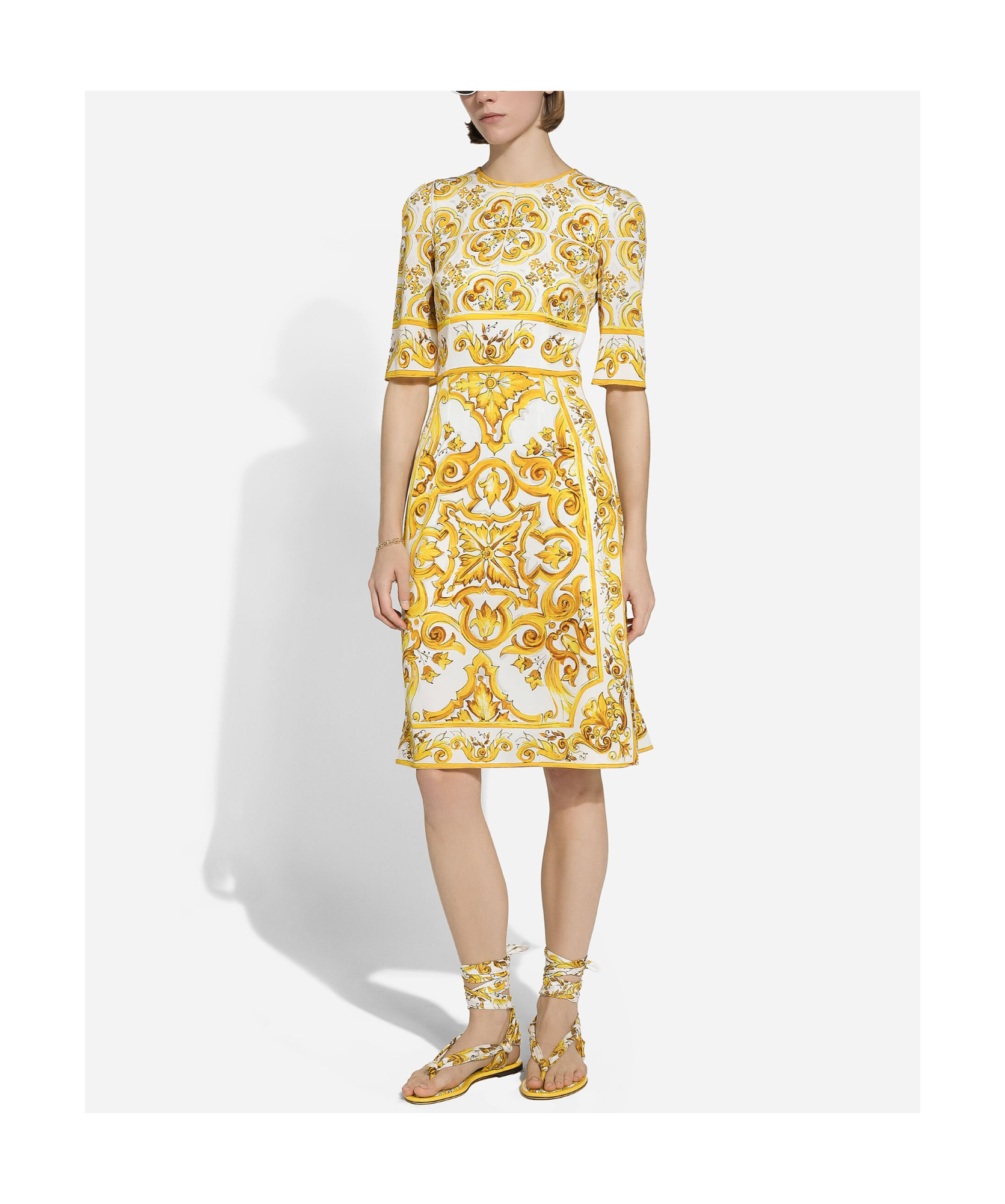 Shop Dolce & Gabbana Majolica Silk Crepe Dress In Yellow