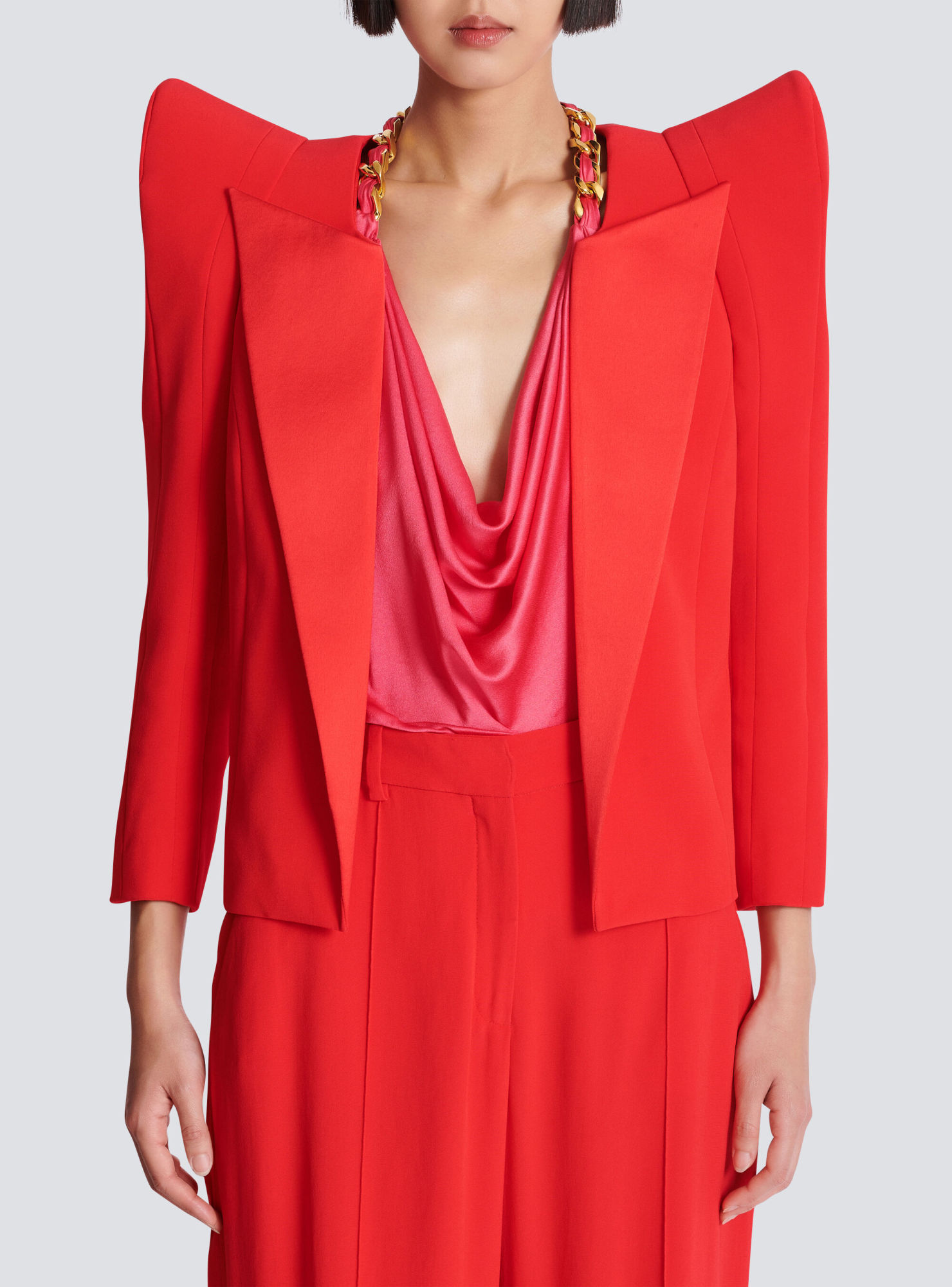 Shop Balmain Cropped Crepe Jacket With Structured Shoulders In Red