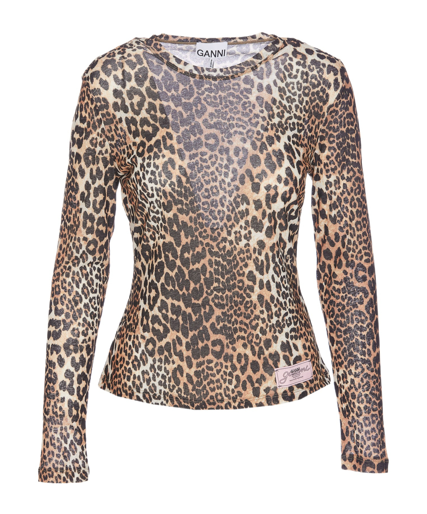 Ganni Knitwear Crewneck Leopard Print Long Sleeves In Nude
